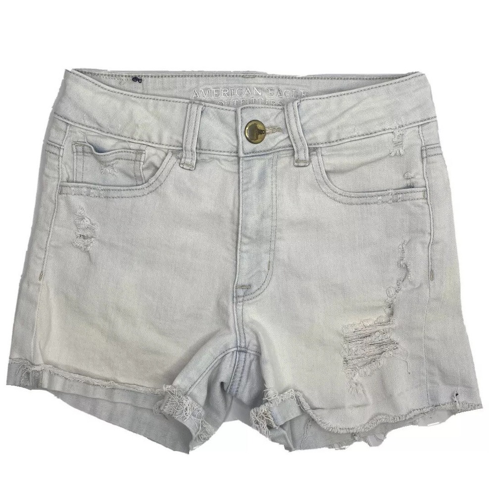 American Eagle Shorts Hi-Rise Shortie Denim Super Stretch‎ Distressed Women Sz 2